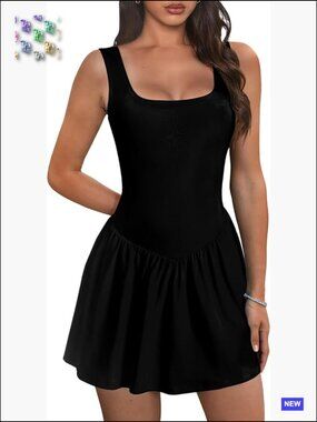Square Neck Athletic Dress with Shorts and Pockets Active Golf Tennis Dress